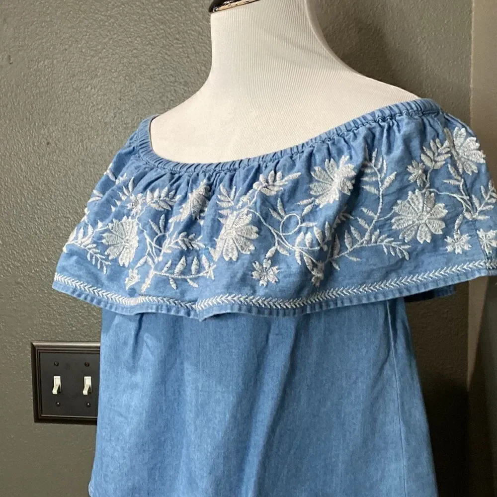 Forever 21 Off Shoulder Blouse White Floral Embroidery Chambray Denim Top